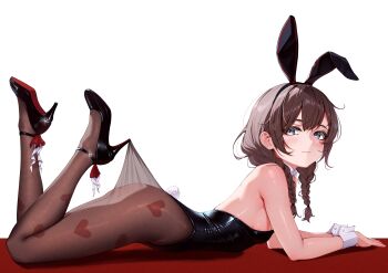 1girl 2_ru animal_ear_hairband animal_ears bare_arms bare_shoulders black_hairband black_leotard black_shoes blush braid braided_twintails breasts brown_pantyhose closed_mouth commentary_request double-parted_bangs fake_animal_ears fake_tail from_side full_body glint grey_eyes hairband heart heart_print high_heels highres lace_pantyhose_hooked_on_heel_(meme) legs_up leotard light_smile looking_at_viewer looking_to_the_side lying meme on_stomach original pantyhose playboy_bunny print_pantyhose rabbit_ear_hairband rabbit_ears rabbit_tail shoes simple_background small_breasts solo tail turning_head twin_braids white_background white_wrist_cuffs wrist_cuffs