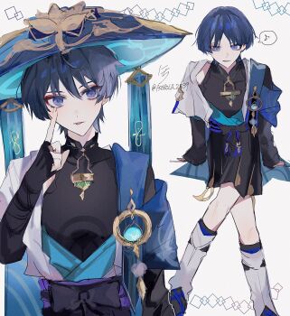 1boy acerola_2539 bishounen black_bodysuit black_gloves bodysuit closed_mouth cowboy_shot fingerless_gloves full_body genshin_impact gloves hat highres japanese_clothes long_sleeves looking_at_viewer male_focus musical_note purple_eyes scaramouche_(genshin_impact) short_hair simple_background sleeveless solo spoken_musical_note tassel tongue tongue_out vision_(genshin_impact) wanderer_(genshin_impact) white_background