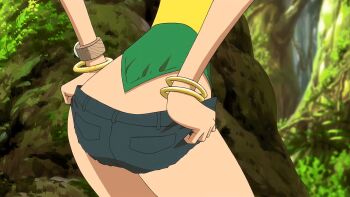 Rule 34 | alternate costume, animated, animated gif, anime screenshot, ass, ass focus, ass shake, bracelet, curvy, denim, denim shorts, forest, jewelry, log pose, nami (one piece), nature, official alternate costume, one piece, one piece: strong world, short shorts, shorts, thighs, tree