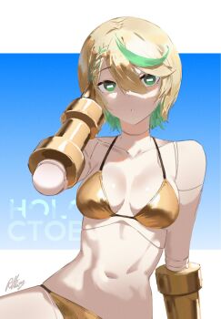 1girl artist_name bikini blonde_hair breasts cecilia_immergreen colored_inner_hair doll_joints gold_bikini green_eyes green_hair highres hololive hololive_english horizontal_pupils joints medium_breasts multicolored_hair navel prosthesis prosthetic_arm radical_highway short_hair solo swimsuit virtual_youtuber