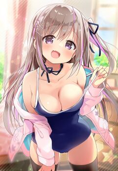 1girl :d bare_shoulders black_ribbon black_thighhighs blue_one-piece_swimsuit blurry blush breasts brown_hair cleavage commentary covered_navel cowboy_shot curtains depth_of_field dot_nose fang floral_print hair_ornament hair_ribbon hairpin hand_on_own_thigh holding_strap indoors large_breasts leaning_forward legs_apart lens_flare long_hair long_sleeves looking_at_viewer multicolored_hair nagayama_yuunon neck_ribbon off-shoulder_one-piece_swimsuit off_shoulder one-piece_swimsuit one_side_up open_clothes open_mouth open_shirt original pink_hair pink_shirt purple_eyes ribbon shirt skin_fang skindentation smile solo standing star_(symbol) straight_hair streaked_hair swimsuit thighhighs two-tone_hair window