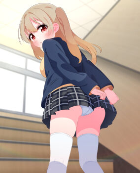 1girl arms_behind_back ass black_jacket black_skirt blush breasts brown_hair brown_sweater_vest ceiling from_behind highres jacket large_breasts long_hair long_sleeves looking_at_viewer looking_back minagi_koharu open_clothes open_jacket open_mouth panties plaid_clothes plaid_skirt r245 railing red_eyes school_uniform skirt slow_loop stairs standing sweater_vest thick_thighs thighhighs thighs twintails underwear upskirt white_panties white_thighhighs window