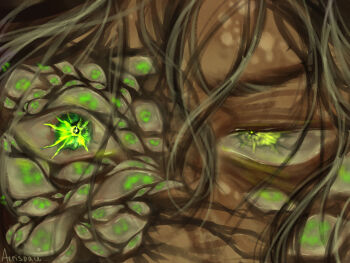 1boy body_horror dark-skinned_male dark_skin design_speculation eye_focus glowing glowing_eyes green_eyes grey_hair highres jonathan_sims looking_at_viewer male_focus messy_hair multicolored_hair scar scar_on_face the-aerispace the_magnus_archives two-tone_hair uneven_eyes