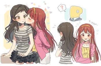 1boy 2girls ? absurdres black_skirt blush brown_eyes brown_hair commentary_request crossed_arms ear_blush embarrassed flying_sweatdrops frilled_skirt frills hano9789 heart highres idolmaster idolmaster_million_live! jacket kiss kissing_cheek kitazawa_shiho korean_commentary long_hair multiple_girls p-head_producer parted_lips pink_jacket producer_(idolmaster) red_eyes red_hair shirt short_sleeves skirt spoken_question_mark standing striped_clothes striped_shirt stuffed_animal stuffed_cat stuffed_toy tanaka_kotoha