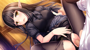 Rule 34 | 1boy, 1girl, apron, black dress, black hair, black pantyhose, black ribbon, blush, breasts, censored, clothed sex, clothes lift, clothing aside, dress, dress lift, expressionless, frilled apron, frills, grabbing another's arm, grey apron, grey shirt, hand on crotch, head tilt, hetero, isekai shokudou, kmcgold30, kuro (isekai shokudou), leg up, long hair, looking at another, lying, mosaic censoring, neck ribbon, on back, on table, open mouth, panties, panties aside, panties under pantyhose, pantyhose, penis, pointy ears, ribbon, sex, shirt, small breasts, solo focus, standing, table, torn clothes, torn pantyhose, underwear, vaginal, white shirt, yellow eyes