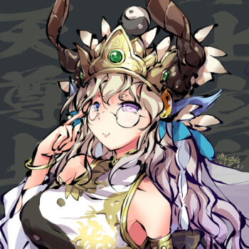 1girl adjusting_eyewear armlet artist_name bangle blue_ribbon bracelet breasts closed_mouth collarbone commentary_request crown dated glasses hair_between_eyes hair_ribbon half-closed_eyes hand_up himegami_kagura horns huge_breasts jewelry long_hair lowres ms06s official_art purple_eyes reihoutenson_(himegami_kagura) ribbon shirt signature sleeveless sleeveless_shirt smile solo standing tachi-e tented_shirt upper_body wavy_hair