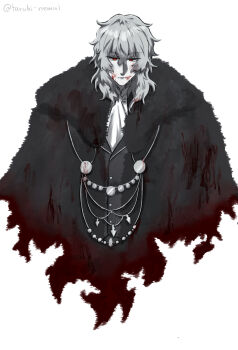 1boy ascot blood blood_on_clothes blood_on_face coat commentary_request expressionless formal_clothes fur_coat hair_between_eyes highres i_touhu jewelry looking_down male_focus medium_hair messy_hair monochrome red_eyes tsukihime tsukihime_(remake) vampire vlov_arkhangel
