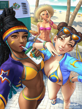 3girls abs beach bikini black_hair blanka-chan blonde_hair blue_eyes braid breasts brown_eyes brown_hair cammy_white capcom chun-li dark-skinned_female dark_skin dreadlocks hat highres hot_dog jacket kimberly_jackson large_breasts lips long_hair looking_at_viewer medium_breasts multiple_girls palm_tree sand street_fighter street_fighter_6 suddakka sunglasses_on_head swimsuit tan tanline tree very_long_hair water