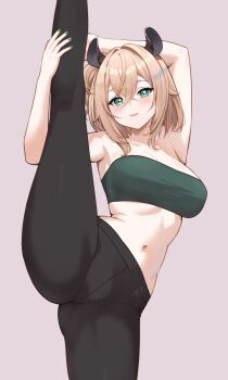 1girl animal_ears armpits arms_up black_leggings breasts brown_hair cleavage closed_mouth commentary crossed_bangs double-parted_bangs elazu english_commentary green_eyes green_tube_top grey_background hair_between_eyes highres holding_own_leg indie_virtual_youtuber large_breasts leggings looking_at_viewer navel nimi_nightmare one_side_up simple_background smile solo split standing standing_on_one_leg standing_split stomach strapless tapir_ears tapir_girl tube_top virtual_youtuber
