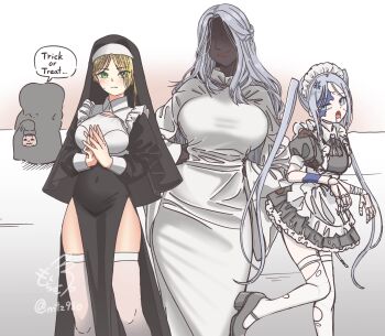 3girls absurdres alternate_costume alternate_hairstyle apron black_dress blonde_hair blue_eyes blush commentary_request covered_navel cracked_skin dark-skinned_female dark_skin dress duchess_(elden_ring) elden_ring elden_ring_nightreign enmaided faceless faceless_female ghost_costume green_eyes grey_hair halloween halloween_costume highres looking_at_viewer maid maid_headdress motizou multiple_girls nun pelvic_curtain recluse_(elden_ring) revenant_(elden_ring) signature thighhighs torn_clothes torn_thighhighs twintails twitter_username very_dark_skin waist_apron white_apron white_thighhighs