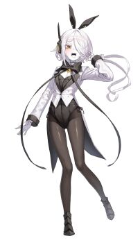 1girl absurdres animal_ears bandaged_hand bandages black_boots black_bow black_bowtie black_leotard black_pantyhose blue_archive boots bow bowtie colored_skin commentary_request fake_animal_ears formal_clothes full_body hair_over_one_eye hand_up highres kokukyukeo leotard long_hair long_sleeves looking_at_viewer open_mouth pantyhose playboy_bunny rabbit_ears simple_background smile sof_(blue_archive) solo standing standing_on_one_leg strapless strapless_leotard suit symbol-shaped_pupils teeth tuxedo upper_teeth_only white_background white_hair white_skin white_suit white_tongue x-shaped_pupils yellow_eyes