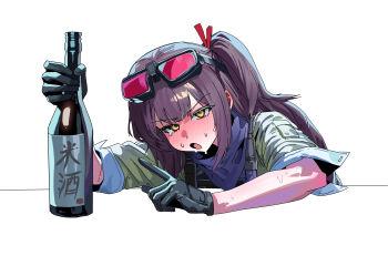 1girl absurdres black_gloves blush bottle brown_hair commentary dripping_eye drunk girls&#039;_frontline girls&#039;_frontline_2:_exilium gloves goggles goggles_on_head highres holding holding_bottle long_hair looking_at_viewer mayling_shen_(girls&#039;_frontline_2) one_side_up open_mouth pointing pointing_at_object ruppu simple_background solo sweat white_background yellow_eyes