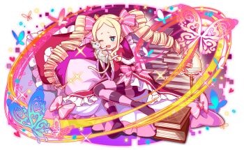 1boy 1girl animal animal_ear_fluff animal_print anime_coloring aqua_eyes artist_request beatrice_(re:zero) blanket blonde_hair blush book bow bug butterfly butterfly-shaped_pupils butterfly_print capelet cat collar crash_fever crown cuddling curly_sidelocks dot_nose dress dress_bow drill_hair earrings eyelashes forehead frilled_dress frilled_pillow frills full_body game_cg gold_earrings grey_cat grey_fur grey_tail hair_bow half_updo holding holding_animal holding_cat horizontal-striped_pantyhose insect jacket jewelry lace-trimmed_sleeves lace_trim lamp long_hair long_sidelocks long_sleeves looking_at_another mini_crown no_shoes number_print numbered official_art official_style one_eye_closed open_mouth ornate_clothes outline pantyhose parted_bangs pillow pink_bow pink_pantyhose pink_pupils print_bow print_carpet puck_(re:zero) puffy-trimmed_capelet puffy_collar puffy_trim purple_pantyhose re:zero_kara_hajimeru_isekai_seikatsu red_capelet red_dress red_jacket red_outline sidelocks one_ear_down solo square square_print striped_bow striped_clothes striped_pantyhose symbol-shaped_pupils tachi-e teeth third-party_source too_many too_many_books transparent_background twin_drills twintails two-tone_pantyhose upper_teeth_only very_long_hair white_collar white_fur white_tail wide_sleeves