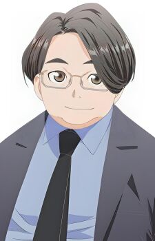 1boy absurdres artist_request black_hair blue_shirt brown_eyes glasses grey_jacket hand_shakers happy highres jacket looking_at_viewer male_focus morimiya_hibiki shirt short_hair smile source_request upper_body