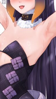 1girl absurdres armpit_focus armpits arms_up black_collar black_dress breasts close-up clothing_cutout collar cutout_above_navel dress eyes_out_of_frame fang feathered_wings fur-trimmed_collar fur_trim gradient_hair head_out_of_frame highres hololive hololive_english long_hair low_wings multicolored_hair ninomae_ina&#039;nis ninomae_ina&#039;nis_(1st_costume) open_mouth orange_hair presenting_armpit purple_hair sidelocks simple_background skin_fang sleeveless sleeveless_dress small_breasts smile solo straight_hair strapless strapless_dress sweat takoroki tentacle_hair tube_dress very_long_hair virtual_youtuber white_background white_wings wings