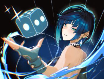 1girl absurdres backless_outfit blue_hair bob_cut commentary dice earrings fingerless_gloves from_side genshin_impact gloves green_eyes highres jewelry short_hair smile teipeee water yelan_(genshin_impact)