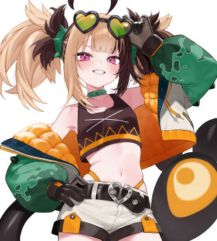 1girl absurdres adjusting_eyewear ahoge arm_up belt black_belt black_tank_top brown_hair center-flap_bangs collar commentary cowboy_shot crop_top double-parted_bangs english_commentary eyewear_on_head gigi_murin gigi_murin_(chatacabra) gloves green-tinted_eyewear green_collar green_sleeves grin hand_on_own_hip heart heart-shaped_eyewear highleg highleg_panties highres hololive hololive_english hoshi_usagi jacket long_sleeves looking_at_viewer multicolored_hair navel off_shoulder official_alternate_costume open_clothes open_jacket orange_jacket panties panty_straps pink_eyes quilted_jacket revision sharp_teeth short_shorts shorts simple_background smile solo spiked_collar spikes stomach tail tank_top teeth tinted_eyewear twintails two-sided_fabric two-sided_jacket two-tone_hair underwear virtual_youtuber white_background white_jacket white_shorts