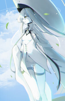 1girl absurdres android blue_archive breasts closed_mouth coat colored_skin commentary_request hat highres koyuuuuuuuuuuu large_hat long_hair malkuth_(blue_archive) shirt sleeves_past_fingers sleeves_past_wrists small_breasts solo white_coat white_hair white_hat white_shirt white_skin yellow_eyes