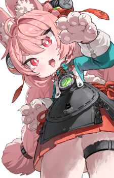 1girl :3 absurdres ahoge animal_ear_fluff animal_ears animal_hands black_panties body_fur braid claws furry furry_female hair_ornament highres kkaebing loli long_hair looking_at_viewer open_mouth panties pantyshot pink_fur pink_hair rabbit_ears rabbit_girl red_skirt simple_background skirt solo sphere_hair_ornament thick_eyebrows thigh_strap tongue tongue_out twin_braids underwear v-shaped_eyebrows very_long_hair white_background zenless_zone_zero zhao_(zenless_zone_zero)