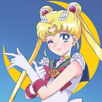 1girl bishoujo_senshi_sailor_moon bishoujo_senshi_sailor_moon_supers blonde_hair blue_eyes blue_sailor_collar brooch choker circlet crescent crescent_earrings crisis_moon_compact double_bun earrings gloves hair_bun heart heart_brooch heart_choker jewelry lips long_hair magical_girl one_eye_closed rabitan1022 sailor_collar sailor_moon sailor_moon_pose sailor_senshi_uniform smile super_sailor_moon tsuki_ni_kawatte_oshioki_yo tsukino_usagi twintails white_gloves yellow_choker