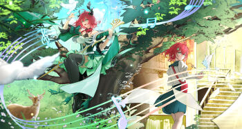 1girl absurdres alternate_costume bare_shoulders bilingual_commentary bird boots breasts ciaccona_(wuthering_waves) commentary commentary_request dress english_commentary frilled_wrist_cuffs frills green_eyes green_jacket green_skirt hand_up highres holding holding_microphone_stand in_tree jacket large_breasts medium_hair microphone_stand mixed-language_commentary multiple_views musical_note outdoors partial_commentary red_hair rena_(rena_emc2) shirt sitting sitting_in_tree skirt split_theme tacet_mark_(wuthering_waves) thigh_boots thighs tree tree_horns white_bird white_dress white_shirt white_wrist_cuffs wrist_cuffs wuthering_waves