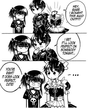 Rule 34 | ..., 2girls, 3koma, black hair, blush, choker, comic, commentary, corrupted twitter file, earrings, emo-girl (grs-), english commentary, english text, greyscale, grs-, highres, holding, holding unworn clothes, jacket, jewelry, long hair, maid, monochrome, multiple girls, necklace, no mouth, original, ponytail, reverse trap, rock-girl (grs-), shirt, short hair, shoulder spikes, skull, skull print, speech bubble, spikes, t-shirt, tomboy, very short hair, yuri