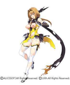 1girl blue_eyes broken broken_weapon brown_hair choukou_(alicesoft) choukou_sennin_haruka commentary_request copyright_notice crossover fishnets full_body hair_intakes holding holding_kunai holding_weapon kunai looking_at_viewer nipples official_art onigirikun open_mouth scarf second-party_source taimanin_(series) taimanin_rpgx takamori_haruka thighhighs torn_clothes torn_scarf torn_thighhighs weapon white_background white_thighhighs