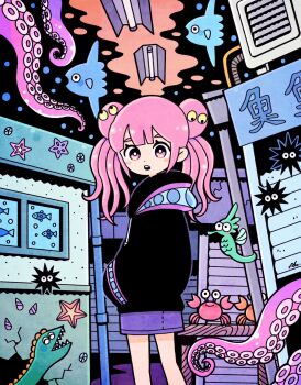 1girl black_hoodie black_jacket cowboy_shot crab double_bun eel extra_eyes fish fluorescent_lamp garouma hair_bun highres hood hoodie industrial_pipe jacket ocean_sunfish open_mouth original outdoors pink_eyes pink_hair purple_skirt sand_dollar sea_urchin seahorse sign skirt solo starfish tentacle_hair tentacles window yellow_eyes