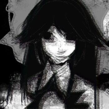 1girl afterimage bow collared_shirt cookie_(touhou) empty_eyes film_grain greyscale hair_bow highres long_hair looking_at_viewer monochrome nadeko_(cookie) reiuji_utsuho shirt sixsec6ndzlater solo touhou upper_body