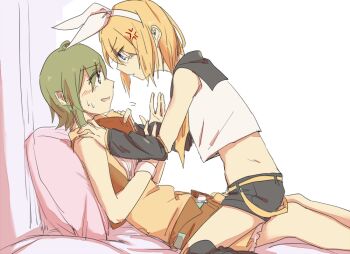 2girls anger_vein black_sailor_collar black_shorts blonde_hair blue_eyes bow clothes_grab collar_grab commentary_request green_eyes green_hair green_shorts green_vest gumi hair_bow hairband kagamine_rin looking_at_another motion_lines multiple_girls neckerchief neckwear_grab sailor_collar shirt short_hair shorts straddling sweatdrop vest vocaloid white_bow white_hairband white_shirt wounds404 yellow_neckerchief