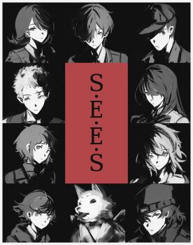 4girls 5boys absurdres aigis_(persona) amada_ken android animal aragaki_shinjirou baseball_cap beanie black_background bow bowtie collared_shirt dog flipped_hair gekkoukan_high_school_uniform hair_over_one_eye hat highres iori_junpei jacket k1kiwa kirijou_mitsuru koromaru_(persona) long_hair looking_at_viewer multiple_boys multiple_girls persona persona_3 portrait s.e.e.s sanada_akihiko school_uniform shirt short_hair sweater_vest takeba_yukari upper_body yamagishi_fuuka yuuki_makoto_(persona_3)