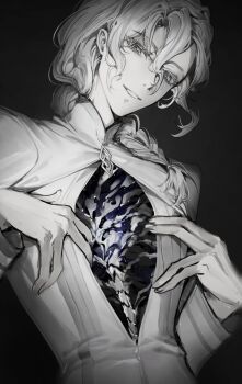 1boy black_background braid braided_ponytail chaldea_logo commentary_request fate/grand_order fate_(series) greyscale hair_between_eyes hair_over_shoulder highres kirin_e2 long_hair long_sleeves looking_at_viewer male_focus marisbury_animusphere monochrome open_mouth partially_open_shirt shirt single_braid smile solo spot_color upper_body