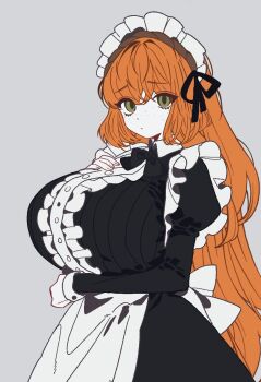 Rule 34 | 1girl, alternate breast size (larger), back bow, black bow, black bowtie, black dress, black ribbon, bow, bowtie, breasts, buttons, center frills, cowboy shot, dress, freckles, frills, green eyes, grey background, hair ribbon, highres, huge breasts, ishmael (project moon), juliet sleeves, limbus company, long sleeves, looking at viewer, orange hair, project moon, puffy sleeves, ribbon, rodionlotte, simple background, solo, white bow, wuthering heights (identity) (project moon)