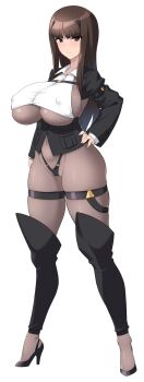 Rule 34 | 1girl, black bodysuit, black hair, black panties, black thighhighs, blush, bodysuit, breasts, brown eyes, cameltoe, closed mouth, commentary request, covered erect nipples, full body, girls und panzer, hand on own hip, headgear, high heels, highres, kuzuryuu kennosuke, large breasts, long hair, looking at viewer, navel, nishizumi shiho, panties, simple background, solo, standing, thighhighs, thong, underboob, underwear, white background