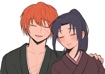 1boy 1girl absurdres black_hair blush brown_kimono closed_eyes closed_mouth collarbone commentary_request couple cross_scar facial_scar green_kimono hand_on_another&#039;s_shoulder head_tilt heads_together hetero high_ponytail highres himura_kenshin japanese_clothes kamiya_kaoru kimono long_hair odayakaneko official_alternate_hair_length official_alternate_hairstyle open_mouth parted_bangs ponytail rurouni_kenshin scar scar_on_cheek scar_on_chest scar_on_face short_hair smile straight-on upper_body white_background