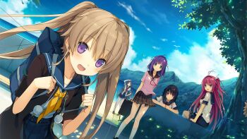 5girls ahoge antenna_hair ao_no_kanata_no_four_rhythm aoyagi_madoka aqua_eyes arisaka_mashiro arm_up bag black_hair blue_eyes blue_sailor_collar blue_skirt blue_sky breasts brown_hair brown_jacket brown_skirt closed_mouth cloud cloudy_sky commentary day english_commentary hair_intakes hand_on_own_hip hands_up highres ichinose_rika jacket kneehighs kurashina_asuka long_hair looking_at_viewer looking_to_the_side medium_hair miniskirt mountain multiple_girls neck_ribbon neckerchief ocean one_side_up open_clothes open_jacket open_mouth outdoors pink_hair pink_shirt pleated_skirt purple_eyes purple_hair red_neckerchief red_ribbon ribbon sailor_collar school_bag school_uniform serafuku shirt short_sleeves sitting skirt sky smile socks standing suzumori tobisawa_misaki very_long_hair water white_shirt white_socks yellow_neckerchief