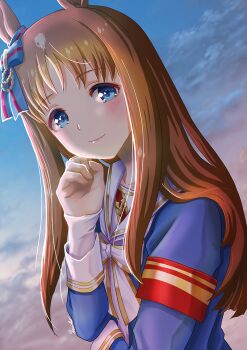 1girl animal_ears armband blue_eyes blue_jacket blush bow brown_hair closed_mouth cloud commentary_request dress ear_bow ear_ornament ear_ribbon grass_wonder_(stone-piercing_blue)_(umamusume) grass_wonder_(umamusume) horse_ears horse_girl jacket long_hair long_sleeves looking_at_viewer multicolored_hair otono_(bkt4b) red_armband sailor_collar sky smile solo umamusume upper_body white_bow white_dress white_hair white_sailor_collar