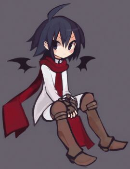 1boy ahoge almaz_von_almadine_adamant black_eyes black_hair boots coat disgaea fingerless_gloves full_body gloves grey_background kazamine_(stecca) knee_boots makai_senki_disgaea_3 male_focus pants scarf solo wings