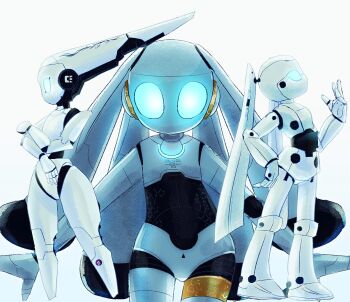 3girls blue_eyes colored_skin disney drossel_von_flugel fireball_(series) glowing glowing_eyes highres humanoid_robot joints kurokuma824 mechanical_hair multiple_girls no_mouth no_nose robot robot_girl robot_joints twintails white_skin