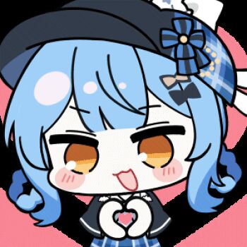 1girl :3 :d animated animated_gif artist_collaboration black_capelet black_hat blue_hair braid braided_hair_rings capelet chibi chibi_only chunye_haruya hair_rings hat heart heart_background heart_hands heart_in_heart_hands looking_at_viewer lowres mahou_shoujo_no_majo_saiban nekoyashiki_riri no_nose open_mouth short_hair simple_background smile solo tachibana_sherry transparent_background upper_body winking_(animated) yellow_eyes