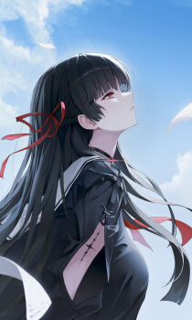 1girl absurdres arm_cutout black_hair blue_sky breasts chisa_(wuthering_waves) clothing_cutout commentary day from_side hair_ribbon highres long_hair looking_up medium_breasts moda_(mo_da_3) neckerchief outdoors parted_lips profile red_eyes red_neckerchief red_ribbon ribbon sailor_collar sky solo tacet_mark_(wuthering_waves) tagme upper_body white_sailor_collar wuthering_waves