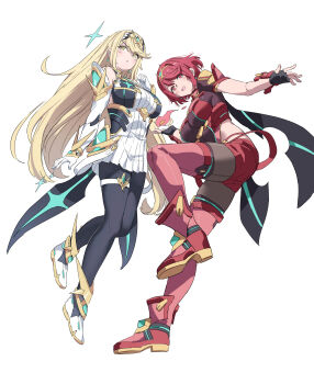 2girls breasts huanxiang_huifeng large_breasts multiple_girls mythra_(massive_melee)_(xenoblade) mythra_(xenoblade) pyra_(xenoblade) red_eyes red_hair xenoblade_chronicles_(series) xenoblade_chronicles_2