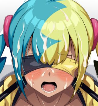 1girl blindfold blonde_hair blue_hair blush canari_(pokemon) collarbone cropped cum cum_on_body cum_on_hair facial head_only horosuke jacket multicolored_hair nintendo open_mouth pokemon pokemon_legends:_z-a solo split-color_hair unfinished yellow_jacket