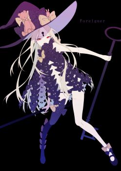 1girl abigail_williams_(fate) black_panties bow commentary_request dual_wielding eyelashes fate/grand_order fate_(series) fuka_(hk_nemo) hat highres holding holding_key key keyhole long_hair looking_at_viewer orange_bow oversized_object panties red_eyes revealing_clothes single_thighhigh solo stuffed_animal stuffed_toy teddy_bear thighhighs underwear witch_hat