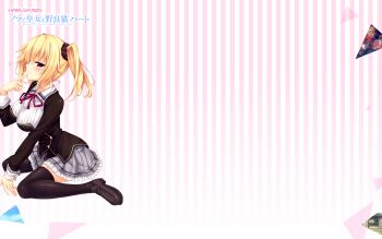 1girl black_shoes blonde_hair blush breasts closed_mouth copyright_name from_side grey_skirt hair_between_eyes highres large_breasts loafers looking_at_viewer looking_to_the_side nora_to_oujo_to_noraneko_heart official_art oozora_itsuki patricia_of_end pink_background purple_eyes school_uniform shirt shoes sitting skirt smile solo striped_background twintails two-tone_background wariza white_background white_shirt