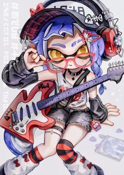 1girl adjusting_eyewear black_choker blue_hair bow braid cd_case choker detached_sleeves glasses guitar hat headphones highres inkling inkling_(language) inkling_girl inkling_player_character instrument jewelry leg_warmers looking_over_eyewear mole mole_under_eye montaro_810 nintendo orange_eyes plectrum red_bow shirt shorts single_bare_shoulder sitting sleeveless sleeveless_shirt socks solo splatoon_(series) striped_clothes striped_socks tentacle_hair thighlet white_background