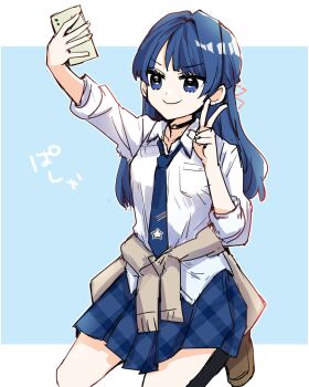 &gt;:) 1girl alternate_costume black_choker blue_background blue_eyes blue_hair blue_necktie blue_skirt brown_cardigan cardigan cardigan_around_waist choker closed_mouth clothes_around_waist collarbone commentary gyaru hair_intakes highres holding holding_phone kanduki_kamibukuro kogal letterboxed link!_like!_love_live! love_live! miniskirt mole mole_on_neck murano_sayaka necktie o-ring o-ring_choker outside_border phone plaid_clothes plaid_skirt school_uniform selfie simple_background skirt sleeves_rolled_up smile solo star_(symbol) star_print three-quarter_sleeves v v-shaped_eyebrows virtual_youtuber