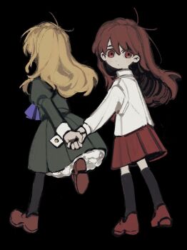 2girls black_background blonde_hair brown_hair dress facing_away frilled_dress frills from_behind full_body highres holding_hands ib_(ib) ib_(kouri) juliet_sleeves long_hair long_sleeves looking_back mary_(ib) multiple_girls pantyhose pleated_skirt puffy_sleeves red_eyes skirt sleeve_cuffs socks takenaka_(takenaka1111) walking