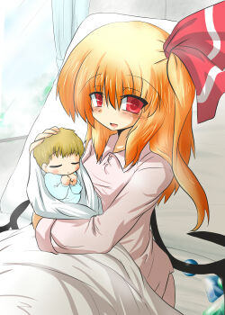 1girl blonde_hair flandre_scarlet goma_(gomasamune) highres mother_and_child side_ponytail touhou window