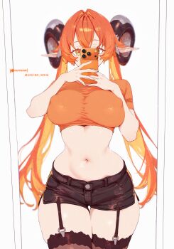 1girl absurdres belly breasts crop_top highres horns large_breasts long_hair mashiro_www orange_hair original orphie_magnusson selfie shorts strap zenless_zone_zero